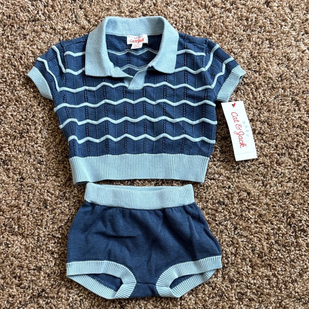 Cat & Jack Wave Knit Collared Blue Sweater Set Baby Boy Size Newborn